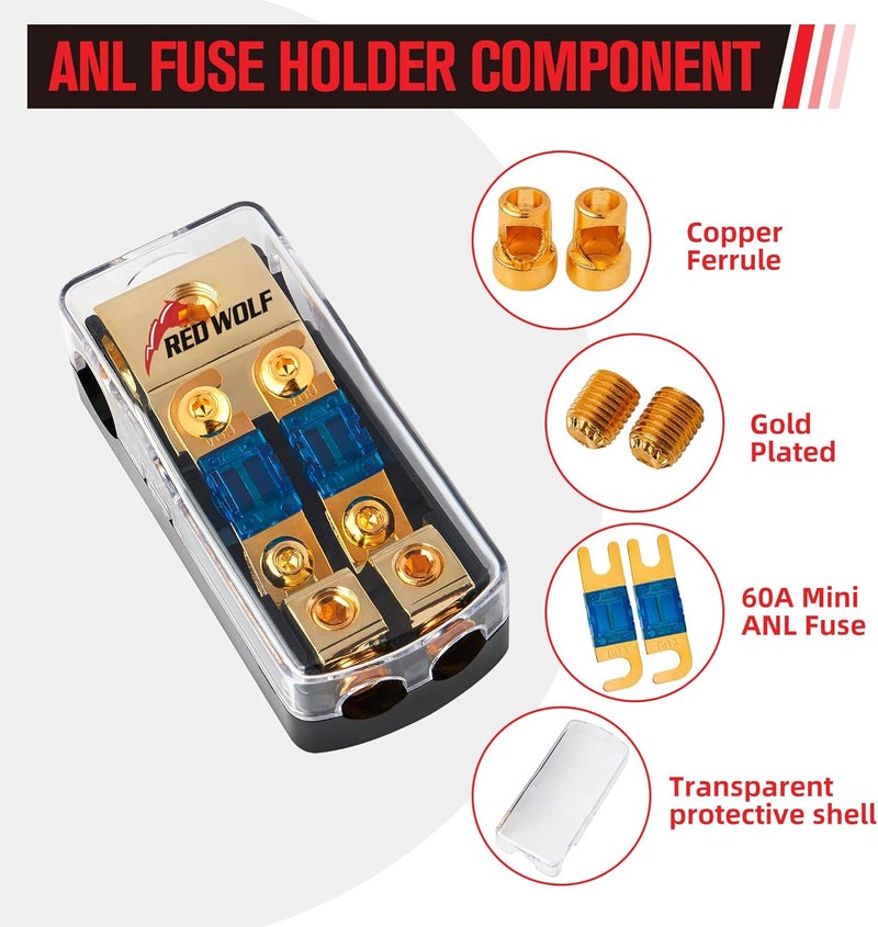RED WOLF 2 Way Mini ANL Fuse Holder 60A 0/2/4 Gauge Input 4/8 Gauge Output Fuse Distribution Block for Car Boat Trolling Motor Marine Audio Amplifier Stereo Video System - Image 5